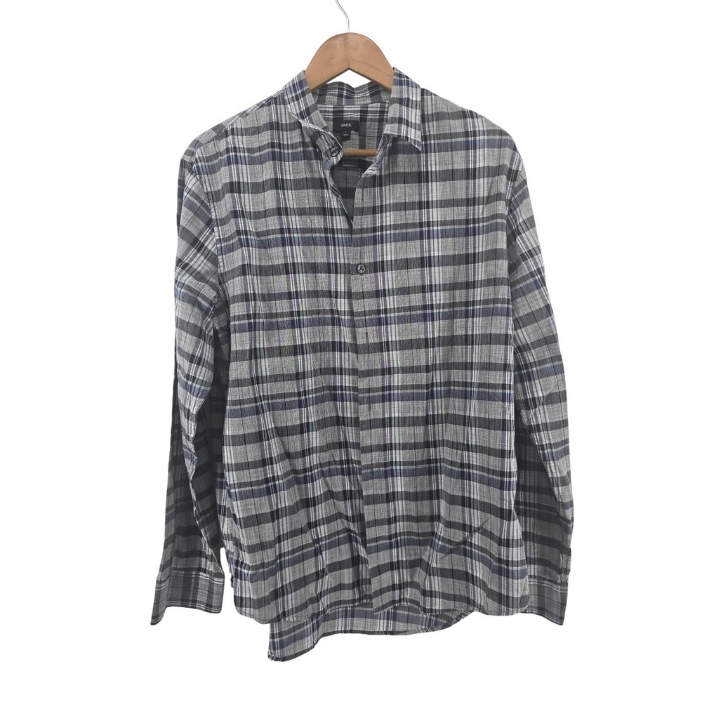 Vince Button Down Shirt Mens L Gray Blue Plaid Cotton Long Sleeve Casual